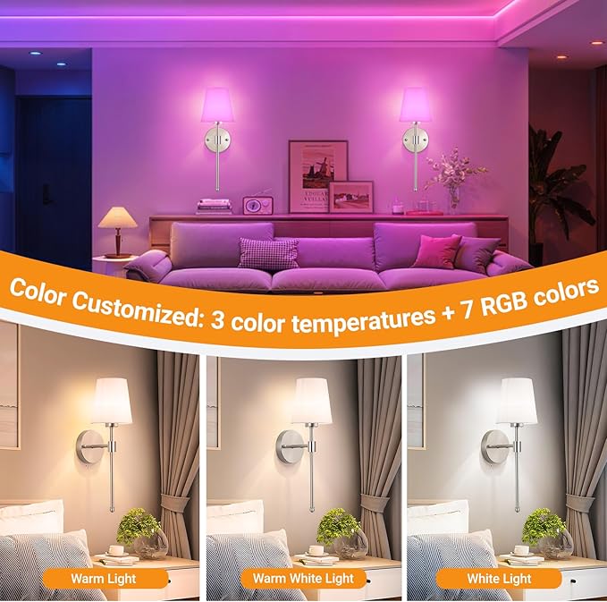 Battery Operated Wall Sconces Set Of 2, Wireless Battery Wall Light With 10000mAh RGB Rechargeable Magnetic Bulb, Rechargeable Wall Sconce With Remote Control For Bedroom, No Electrician Required - Bloomnest