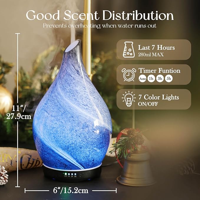 Porseme 280ml Essential Oil Diffuser Glass Color Changing Aroma Air Diffusers Aromatherapy Ultrasonic Cool Mist Humidifier 7 Running Hours Waterless Auto-Off for Sleeping, Yoga, Office, Spa (Obsidian) - Bloomnest