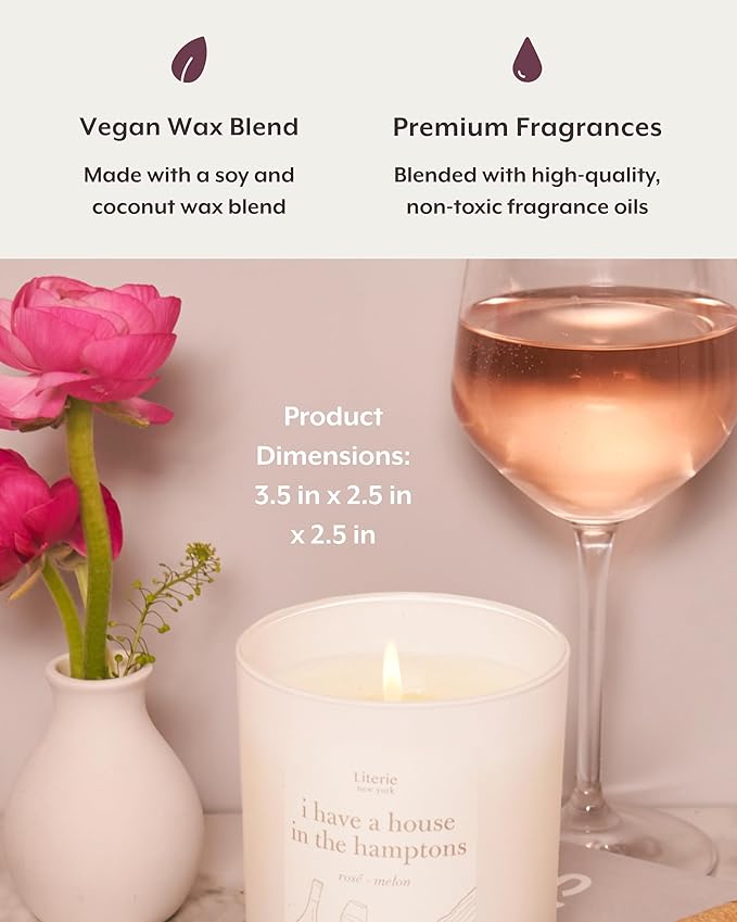 Literie NYC Inspired Scented Candle: I Have A House in The Hamptons - Rosé & Melon Scent, 9oz, 50 Hour Burn, Vegan Soy & Coconut Blend Candle for Home Decor, Gift for Women & Men - Bloomnest