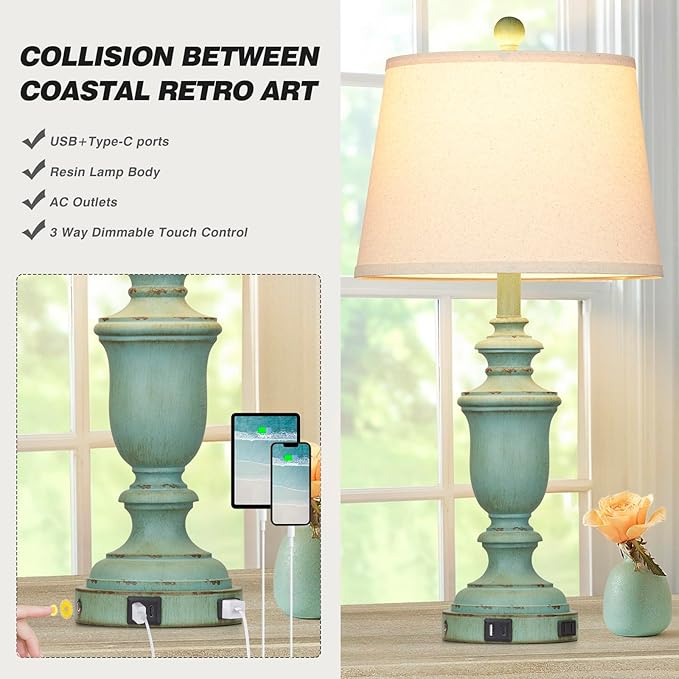 25.6" Farmhouse Table Lamps Set of 2 with USB C+A Ports & AC Outlet for Rustic Living Room Retro Bedroom,3-Way Dimmable Touch Lamp Bedside Lamps for Nightstand Side End Table,Retro Green - Bloomnest