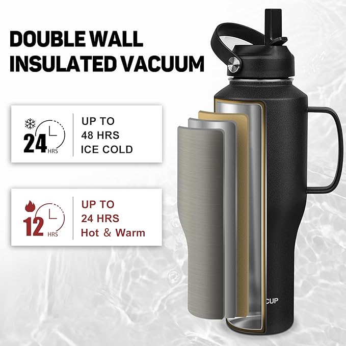Water Bottle 40oz, Insulated Water Bottle with Handle & Straw Lids, Stainless Steel Water Bottles Fits in Any Car Cup Holder, Travel Cup Double Wall BPA-Free Leak-proof to Keep Cold &Hot - Bloomnest