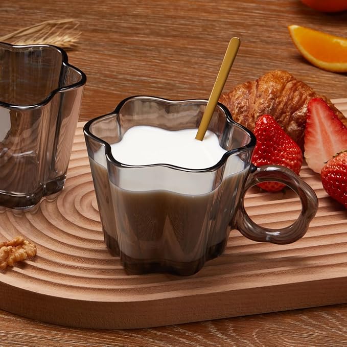 Vintage Glass Coffee Mug Set of 4, 11oz Creative Flower Glass Coffee Cups with Spoons - Cute Floral Tea Cups with Handle, Art Glassware, Unique Birthday Gifts - Bloomnest