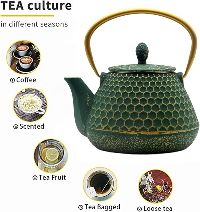 YJX Cast Iron Teapot and Cups Set, 33.8oz Hexagon Pattern Tea Pot Enameled Interior, Tea Kettle for Stovetop, Japanese Teapot Set with Teacups for Adults, Green Kettle with Infuser for Loose Leaf