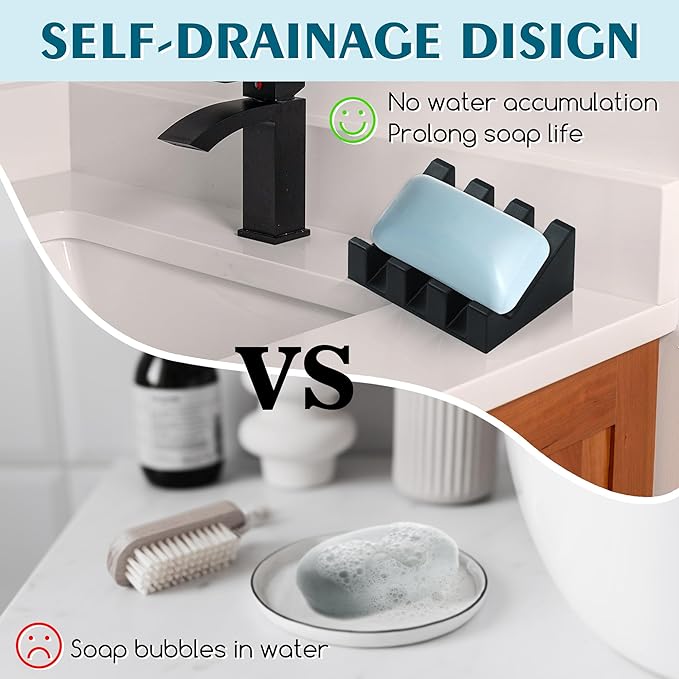 Silicone Soap Dish with Drain, Upgrade Double Suction Cups at The Bottom for Anti-Slip and Stability, Soap Dish Shower Waterfall Bar Soap Holder Tray with Drain Soap Holder (4, Black) - Bloomnest