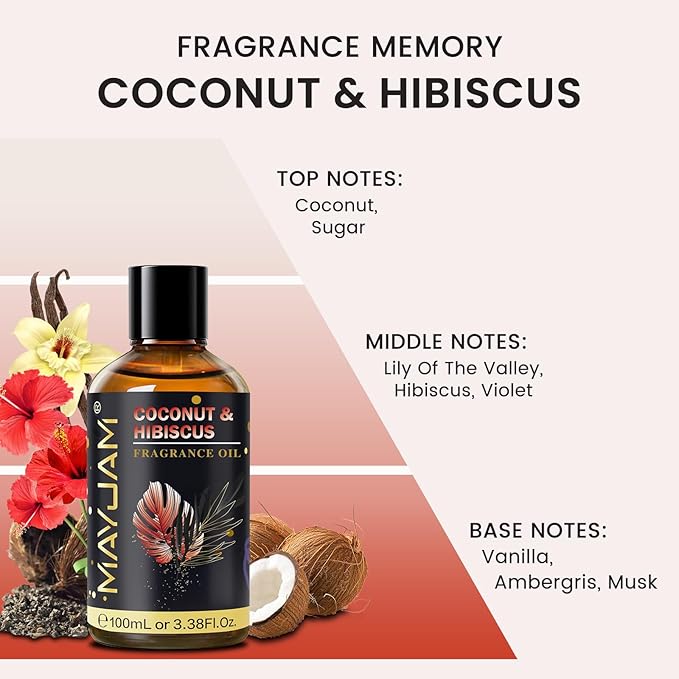 Coconut & Hibiscus Fragrance Oil Essential Oil, MAYJAM 3.38FL.OZ Coconut & Hibiscus Oil for Diffusers for Home, Long Lasting Scented Oils for Soap Candle Making - 100ML MAYJAM