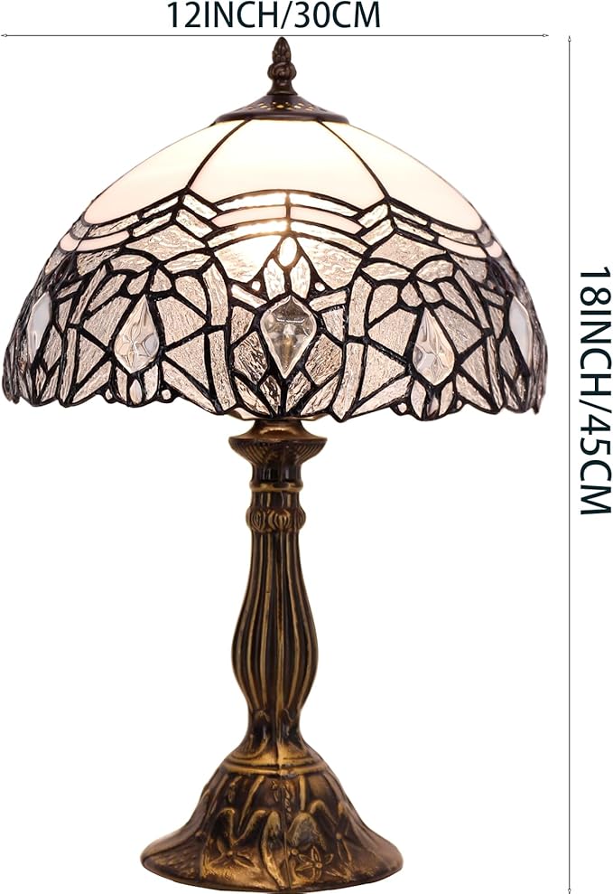WERFACTORY Tiffany Lamp White Bent Stained Glass Bedside Table Lamp Desk Reading Light 12X12X18 Inches Decor Bedroom Living Room Home Office S508W Series - Bloomnest