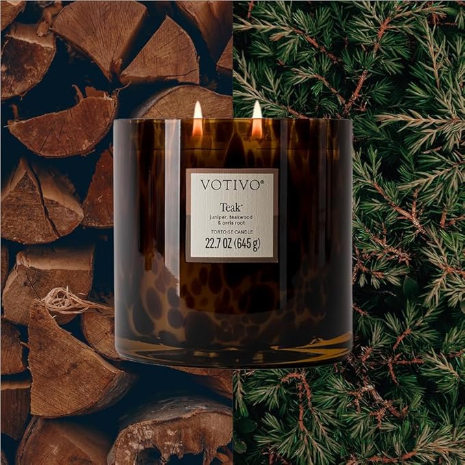 Votivo Teak Tortoise Scented Candle | 22.7 oz Soy Wax Blend | Woody Outdoors Scent | Decorative Home Decor Tortoiseshell Pattern | 100 Hour Burn Time - Bloomnest