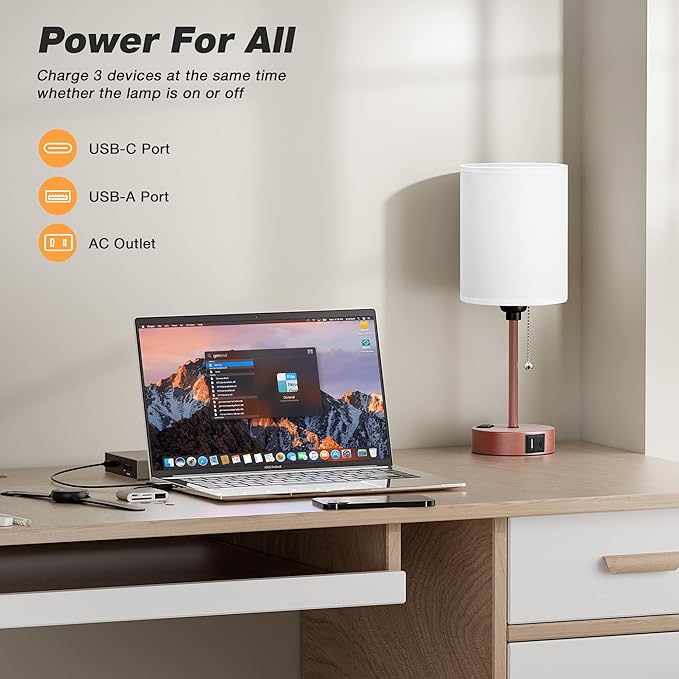 Small Bedside Table lamp for Bedroom - Red Bronze Modern Wedding Gift for Couples, 3 Color Temperatures & USB Ports & AC Outlet, Gold Nightstand Lamps for Reading, Dorm, Office, Living Room, Bathroom - Bloomnest