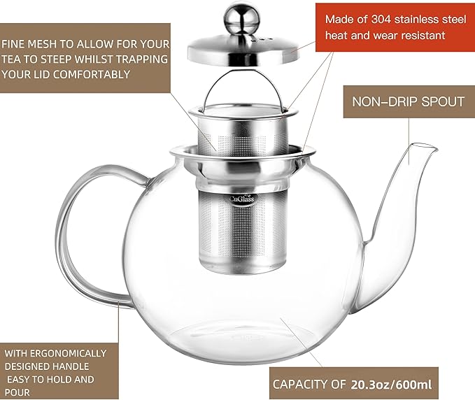 CNGLASS 600ml Glass Teapot with Removable Infuser,Clear Tea Kettle Stovetop Safe,Blooming and Loose Leaf Tea Maker - Bloomnest