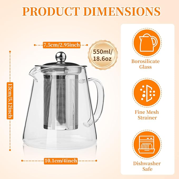 Glass Teapot with Stainless Steel Infuser, Borosilicate Tea Kettle, Clear Tea Maker for Loose Leaf Tea (550ML)