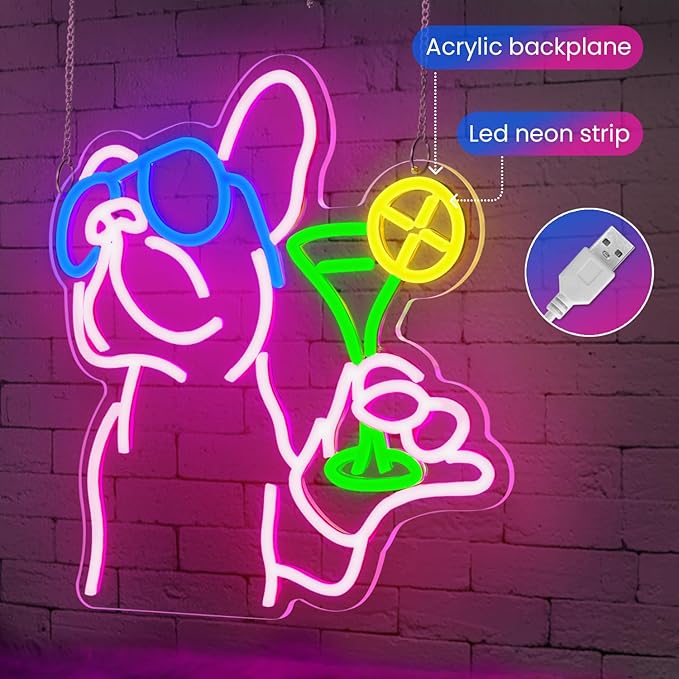 French Bulldog Drinking Cocktail Neon Sign,Bulldog Cocktail Bar Led Neon Signs for Wall Decor,Funny Dog Neon Light Up Sign,Neon Bar Signs for Bedroom Man Cave Party,French Bulldog Gifts - Bloomnest
