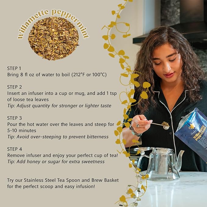 Willamette Peppermint Tea, Organic Loose Leaf Mint Herbal Tea – Soothing, Caffeine-Free – Refreshing Hot or Iced – 4 oz Resealable Bag (Makes 50 Cups) – The Elegant Elephant - Bloomnest