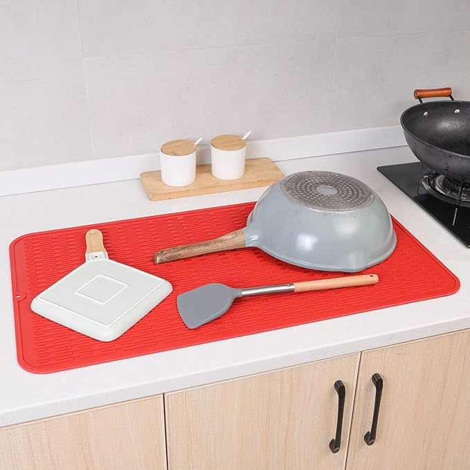 Silicone Dish Drying Mat for Multiple Usage,Easy clean,Eco-friendly,Heat-resistant Silicone Mat for Kitchen Counter or Sink,Refrigerator or Drawer Liner Red 4XL 32 inches x 18 inches - Bloomnest