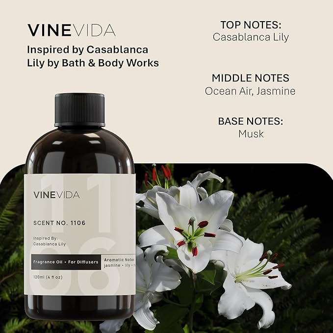 VINEVIDA [32 Fl Oz] Scent NO. 1106 Fragrance Oil for Cold Air Diffusers, Aromatic Notes of Casablanca Lily, Ocean Air & Jasmine Essential Oils for Diffuser Oil Refill & Air Freshener Room Spray - Bloomnest