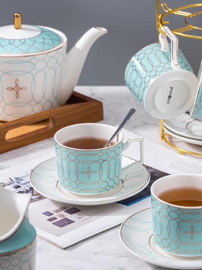 Jusalpha Fine China Blue Coffee Cup/Teacup Set, 8 OZ Cups& Saucer Service for 4, with Teapot-Sugar Bowl-Cream Pitcher Teaspoons and tea strainer for Tea/Coffee, 17-Pieces (Blue) - Bloomnest