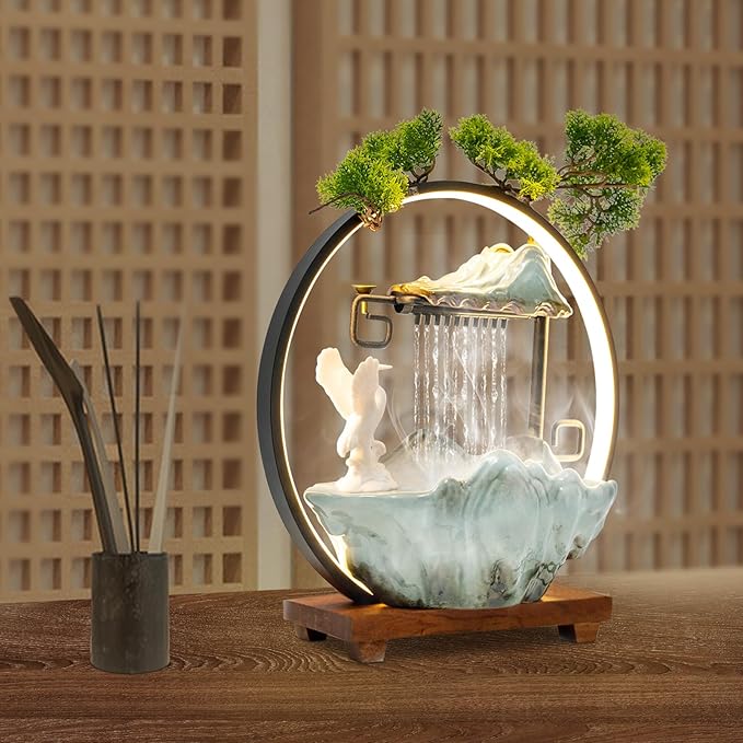 15In White Crane Water Fountain Waterfall Indoor Tabletop Decration Humidifier with LED Light, Atomizer Circulating Water, Japanese Zen Decor Meditation Feng Shui Decor Festival Birthday Gift - Bloomnest
