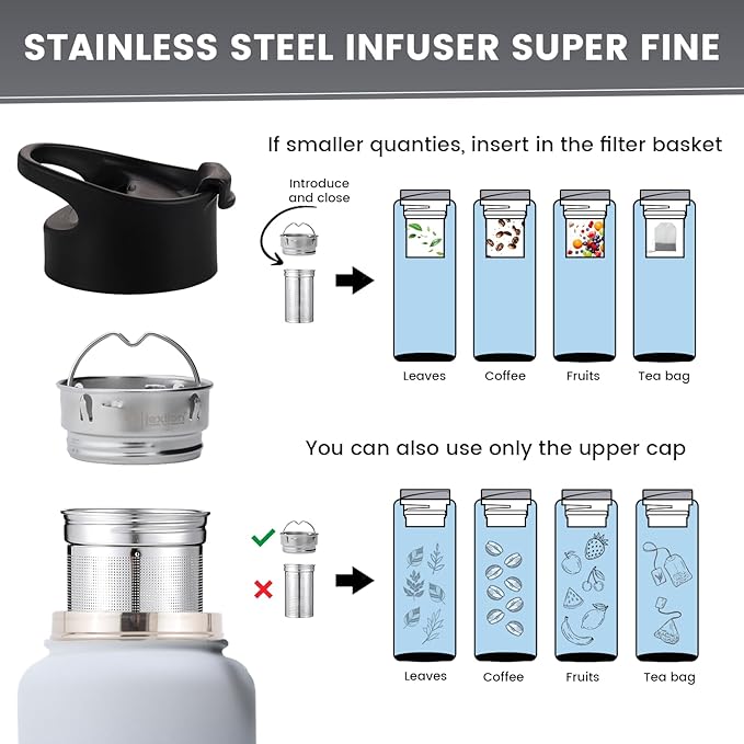 Lexlion Tea Infuser Water Bottle 22 Oz – Triple Wall Insulated Stainless Steel, Loose Leaf & Fruit Strainer, 3 Leakproof Lids, BPA-Free Silicone Sleeve, Reusable Thermal Mug - Bloomnest