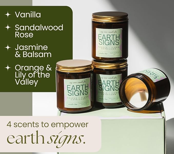 Taurus, Virgo, Capricorn Gifts for Women - Wood Wick Candles, 4 Pack Small Scented Candles Set for Women. 6oz Natural Soy Wax, Aromatherapy Set for Home. Zodiac Astrology Birthday Spiritual Gifts - Bloomnest