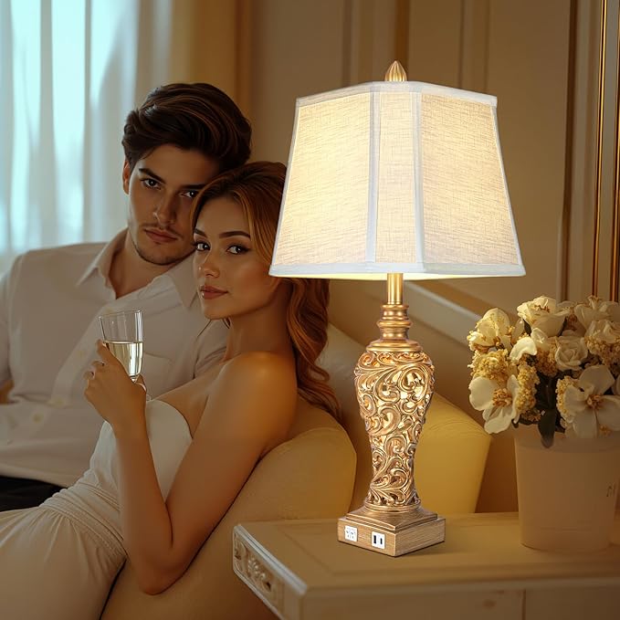 Vintage Table Lamps Set of 2, 28.5'' Tall Antique Gold Bedside Lamps with Fabric Shades, USB A+C Charging Ports & Night Light, Farmhouse Nightstand Lamps for Bedroom Living Room Office (Bulb Included) - Bloomnest