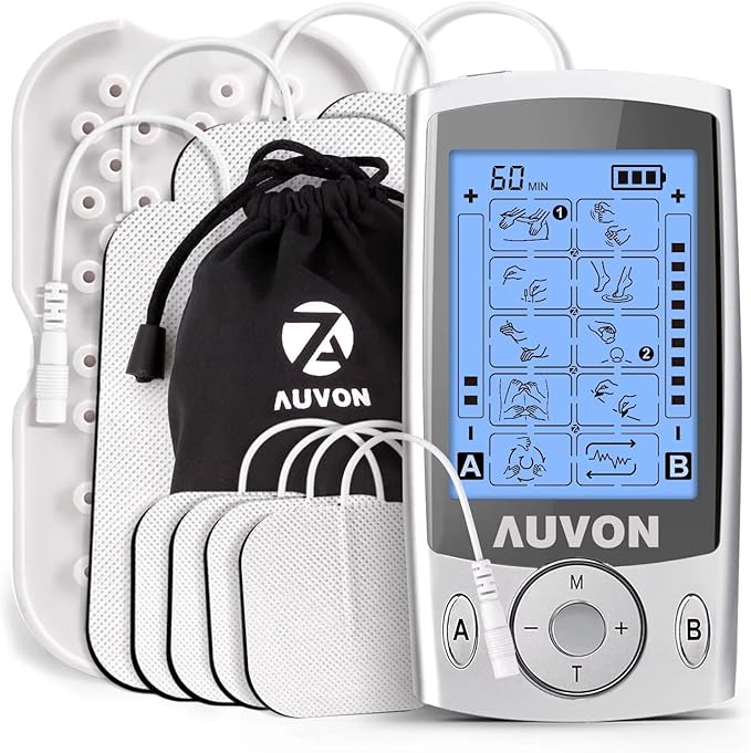 AUVON Dual Channel TENS Unit Muscle Stimulator Machine with 20 Modes, 2" and 2"x4" TENS Unit Electrode Pads AUVON