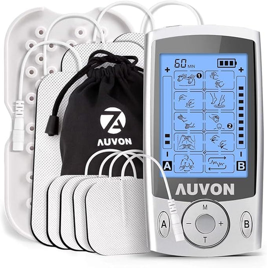 AUVON Dual Channel TENS Unit Muscle Stimulator Machine with 20 Modes, 2" and 2"x4" TENS Unit Electrode Pads AUVON