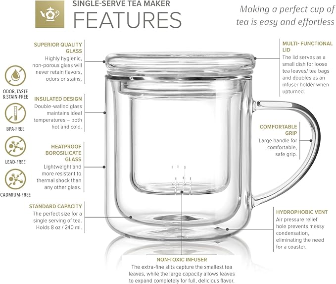 Teabloom Heatproof and Insulated Borosilicate Glass Tea Cup with Infuser for Whole-Leaf Loose Tea – Tea Purist's Choice – Wellbeing Double-Walled Infusion Mug with Lid (8 oz) - Bloomnest