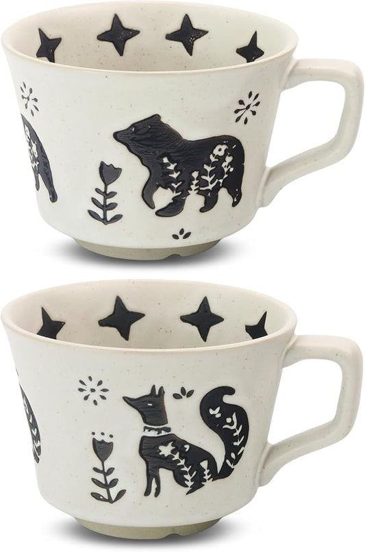 Ceramic Coffee Mug, 12 oz Novelty Unique Teacup with Handle, Stoneware Cup for Tea Mocha Latte Cappuccino Espresso (Set of 2, Fox and Bear)