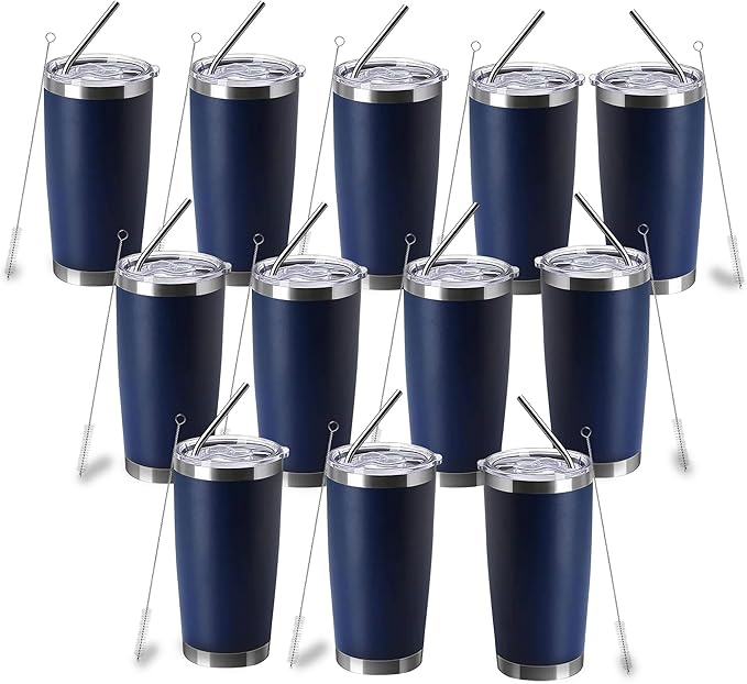 20oz insulted tumblers stainless steel cup Tumbler Bulk with push Lid, and metal straw powder coated coffee cup for cold and hot drinking (12, navy blue) - Bloomnest