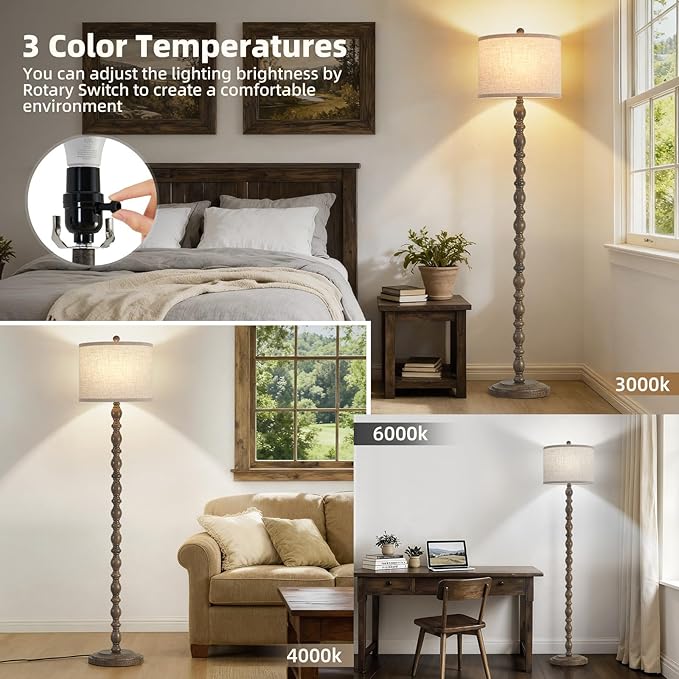 Luvkczc 62" Floor Lamp,3-Color Temperature Farmhouse Standing Lamp, Retro Rustic Tall Floor Lamps with Rotary Switch, Resin Standing Lamp for for Living Room,Bedroom,House, Office(Grayish Brown) - Bloomnest