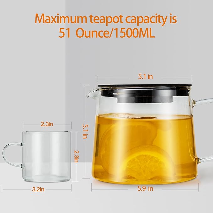 Glass Teapot 51oz/1500ml with 6 Pack Tea Cups Gift Set, Removable Stainless Steel Infuser Tea pot, Heatproof Borosilicate Glass Tea Make, Stovetop Safe Glass Tea Kettle for Loose and Blooming Leaf Tea - Bloomnest