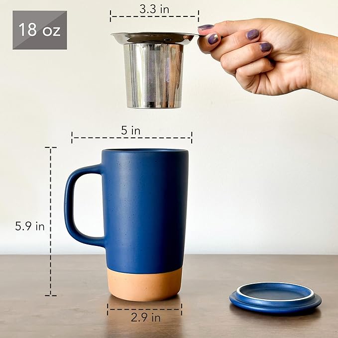 Mora Ceramics Large Tea Mug with Loose Leaf Infuser and Ceramic Lid, 18 oz, Portable, Microwave and Dishwasher Safe, Tall Coffee Cup - Rustic Matte Ceramic Glaze, Modern Herbal Tea Strainer, Deep Blue - Bloomnest