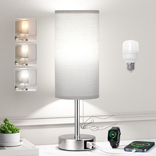 Grey Table Bedside Lamp for Bedroom Nightstand - Small Silver Lamp with USB A + C Charging Port, 3 Color Temperatures Pull Chain Night Stand Light with Bulb, Side Table Desk Lamp for Living Room - Bloomnest