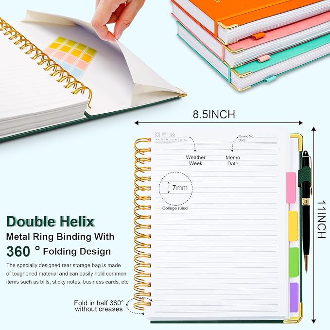 Hardcover Spiral Notebook 8.5"x11" Journal Notebook with Tabs and Removable Dividers 300 Pages 5 Subject Notebook College Ruled, Faux Leather Spiral Bound Notebook for Women School Work(Green) - Bloomnest
