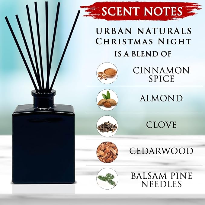 Urban Naturals Christmas Night Reed Diffuser Set – Cinnamon Spice, Almond, Clove, Cedarwood, Fresh Balsam and Fir Needle – 5 Ounce Sleek Black Rectangular Refillable Glass Bottle – Made in the USA