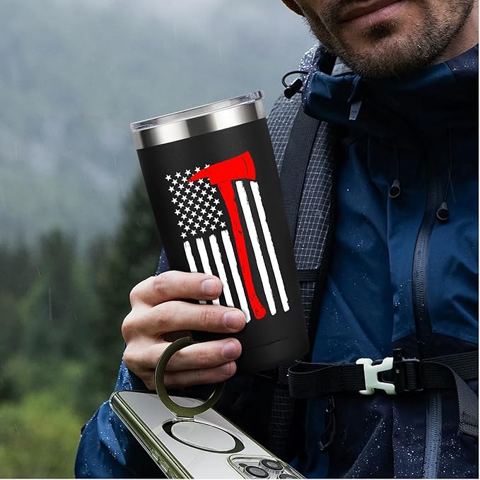 Thin Red Line Firefighter Gifts for Men, Fireman, Fire Fighter Department Team Essentials Coffee Mug Cup - 20oz Insulated Stainless Steel Tumbler, Black - Bloomnest