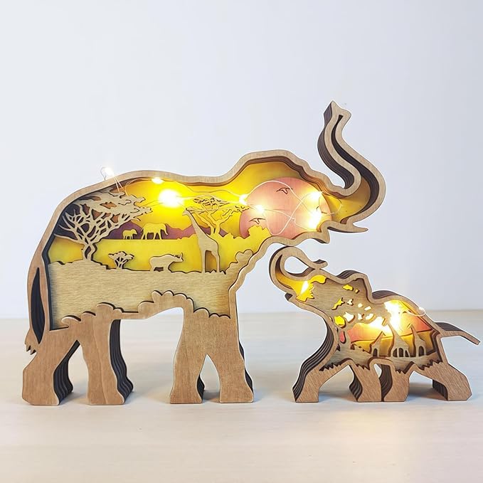 3D Wood Carving Animals Lamp Home Decorative, Cute Bear Family Elephant Presents Ideas Christmas Living Room Office Decor Warm LED Night Lights Gift for Friend Daughter Son Mom Dad (Elephant) - Bloomnest