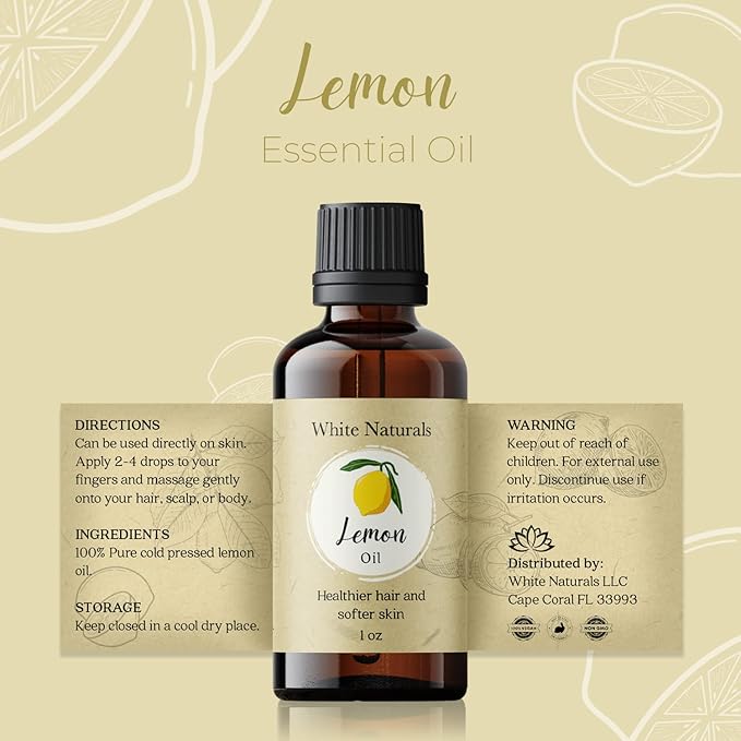 Organic Lemon Essential Oil by White Naturals, 100% Natural and Pure, Therapeutic Grade for Aromatherapy, Massage, Household Cleaning, Hair Care, Skincare, DIY Soap Making & Diffuser, Vegan 1 Ounce - Bloomnest