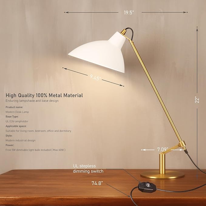 Desk Lamp Modern Industrial 100% Metal Table Lamp 22", Soft White Light (3000K) with Adjustable Switch, Ideal for Office Bedroom Study Room Living Room Nightstand Bedside Lamps White+Brass - Bloomnest