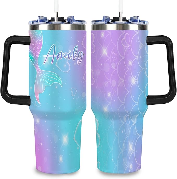 Personalized Mermaid Tail Tumbler with Names, Custom 40oz Tumblers with Handle and Straw Lid, Insulated Stainless Steel Cup, Gifts for Birthday Christmas Anniversary Women Her, Travel Coffee Mug - Bloomnest