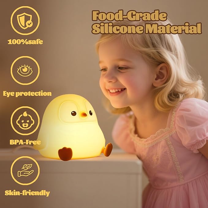 Penguin Nursery Night Light,LED Squishy Silicone Lamp,2 Levels Dimmable Bedroom Nightlight for Kids,Touch Light,Dorm Decor lamp,Baby Boys Girls Gifts (Sitting Penguin) - Bloomnest