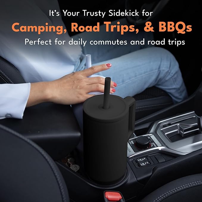 Elemental 40 oz Tumbler with Handle and Straw - Spill Proof Insulated Stainless Steel Commuter for Hot and Cold Beverages - Travel Coffee Mug with 2 Straws & Spill Proof Lid - 40oz - Black - Bloomnest