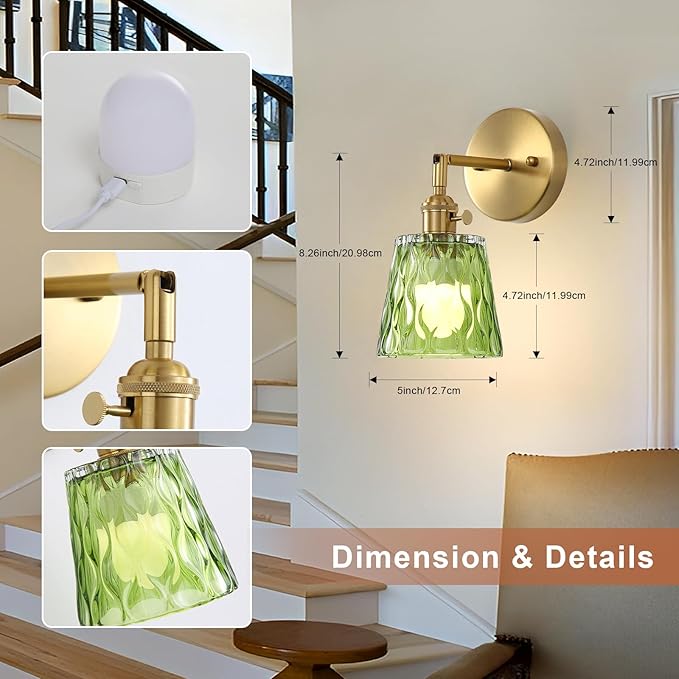 2 Pack Vintage Battery Operated Wall Sconces with Green Glass Shade, Wireless Rechargeable RGB Wall Light, Remote Control & 180 Degree Adjustable, for Bedroom Living Room Hallway Aisle - Bloomnest