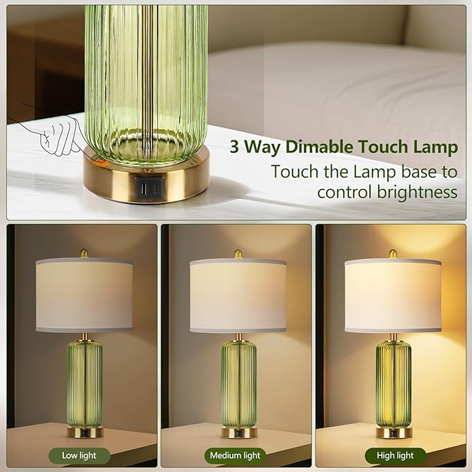 Table Lamps Set of 2 with Touch Control, 3-Way Dimmable Nightstand Lamp with Vertical Grained Glass, 27" Modern Glass Bedside Lamps with USB A+C Ports, Green Bedside Table Lamps, Desk Lamp for Bedroom - Bloomnest