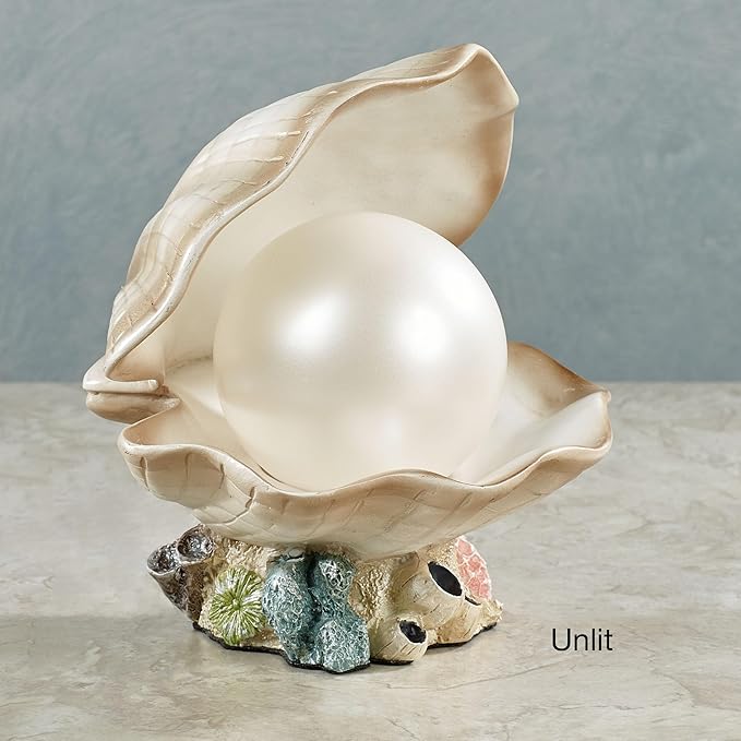 Clamshell Pearl Accent Lamp Night Light Ivory - Handcrafted Resin Clam - Coastal Style Lighting - Nautical Theme - Ocean Nightlight Bulb Included with Beach Shell Decoration - 7 Inches High - Bloomnest