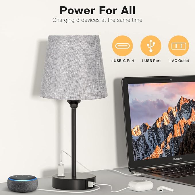 Grey Bedside Lamps for bedrooms Set of 2 - Nightstand Bedroom Lamp with USB C Port and AC Outlet Charging, 3 Way Dimmable Touch Control Small Bed Side Table Lamp, Night Stand Light for Kids/Guest Room - Bloomnest