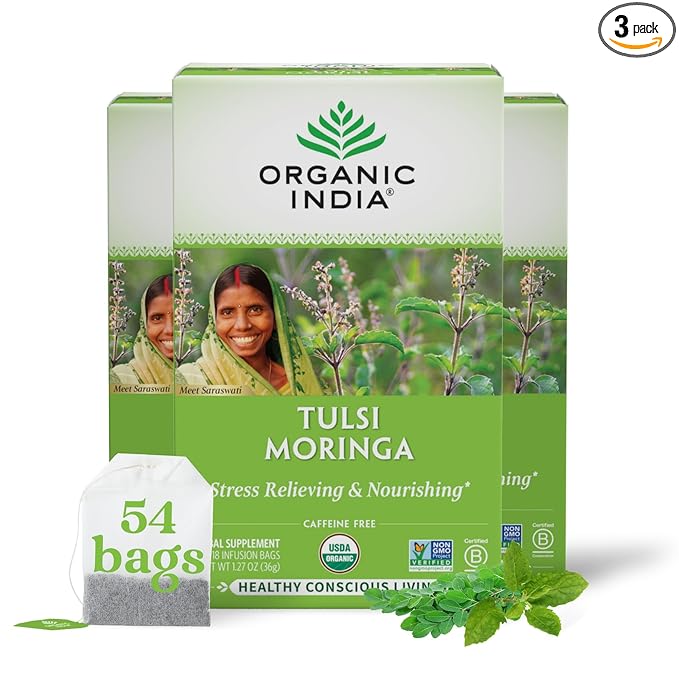 ORGANIC INDIA Tulsi Moringa Tea Bags- Holy Basil, Lemongrass, Moringa Leaves, Calming Immune Support Tea, USDA Organic, Caffeine Free- 18 Bags, 3 Pack - Bloomnest