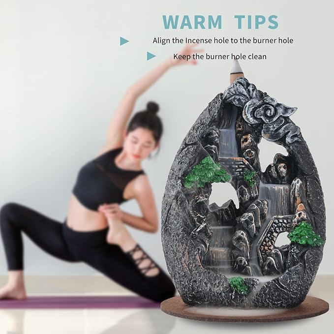 Backflow Incense Holder Resin Mountain Incense Burner Fountain Waterfall Incense Holders Home Decor with 120 Pcs Backflow Incense Cones 30 Pcs Incense Sticks (Creek) - Bloomnest