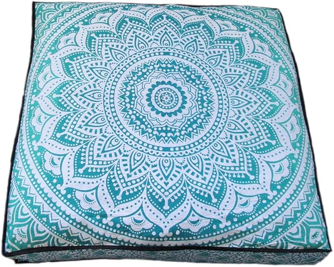 INDIAN CRAFT CASTLE ICC 24" Green Ombre Mandala Barmeri Large Floor Pillow Cover Cushion Meditation Seating Ottoman Throw Cover Hippie Decorative Zipped Bohemian Pouf Ottoman Pom Pom Cases 24" Square - Bloomnest