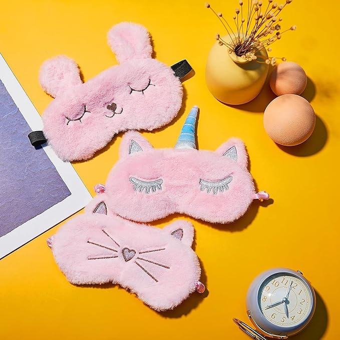 3 Pieces Sleep Mask for Kids, Girls Plush Sleeping Eye Cover Soft Eye Blindfold Cover Animal Shade for Kids(Pink,Bunny, Cat and Unicorn Style) - Bloomnest
