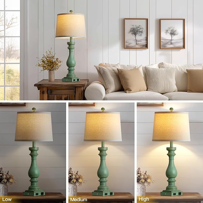 29" Tall Vintage Table Lamps Set of 2,Retro Green Bedside Lamps with USB C+A Ports & AC Outlet,3-Way Dimmable Touch Lamp for Night Stands Living Room Bedroom,Green - Bloomnest